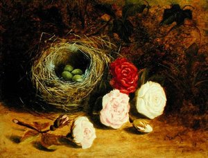 Stillleben mit Vogelnest und Rosen von Mary Ensor