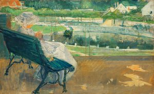 Lydia sitzt auf einer Veranda und häkelt, ca. 1881