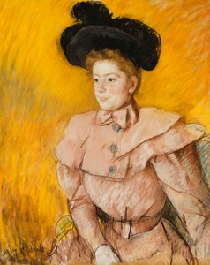 Frau mit schwarzem Hut und Himbeerrosa Kostüm von Mary Cassatt