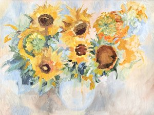 Lebendiges Sonnenblumen-Stillleben von Maryna Kovalchuk