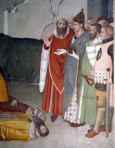 Episoden von Silvester: Papst Sankt Silvester I. (Silvester oder Silvestro) (314-335) erweckt zwei Magier (Sankt Silvester erweckt zwei Magier) Fresko von Maso di Banco (bekannt um 1341-1346) 14. Jahrhundert Florenz, Chiesa di Santa Croce, Cappella Bardi von Maso di Banco