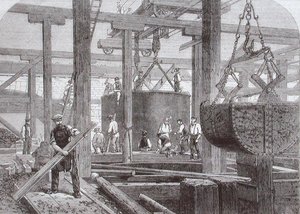Ansicht der Bauarbeiten an der Blackfriars Bridge für die London, Chatham und Dover Railway, die das Versenken eines Zylinders für einen der runden Steinpfeiler zeigen von Mason Jackson