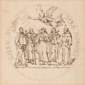 Entwurf für eine päpstliche Medaille zur Heiligsprechung durch Clemens X. von Sankt Pius, Sankt Gaetano dei Conti di Thiene, Sankt Franz Borgia, S. J., Sankt Louis Bertrand, O.P., und Sankt Margarete (Königin) von Schottland