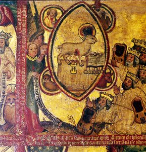 Das Lamm, das das Buch mit den sieben Siegeln hält, verehrt von den Ältesten, 14.-15. Jahrhundert