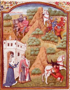 Seleukos I. Nikator und sein Vater Antiochos, König von Asien und Syrien. Einer der beiden Könige wird ermordet, Pferd fällt. Miniatur aus Fälle edler Männer und Frauen Unglücke (De casibus) von Giovanni Boccaccio von Master Dunois