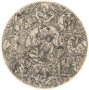 Johannes der Täufer in der Wüste mit dem Lamm Gottes, umgeben von den Symbolen der Evangelisten und den vier Kirchenvätern von Master E.S.