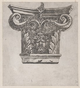 Speculum Romanae Magnificentiae: Kapitell mit Erbsenschoten-Voluten und Satyrkopf, ca. 1537 von Master GA