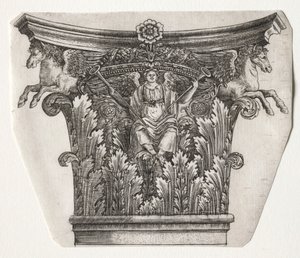 Basis und Kapitell mit Figur des Ruhms und geflügelten Pferden von Master G. A. with the man