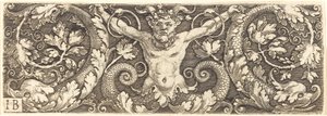 Ornament mit fantastischem Satyr und Delfinen von Master IB