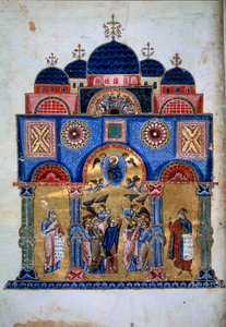 Die Himmelfahrt Christi. Griechisches Manuskript „Homelien an die Jungfrau“ (Folio 3v) von Jacques de Kokkinobaphos