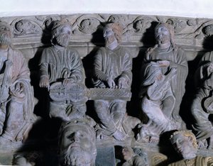 Detail des Portico de la Gloria, das Musiker darstellt