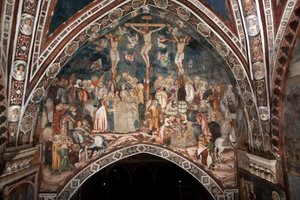 Die Kreuzigung, Fresko des Meisters von Sacro Speco, 14. Jahrhundert, Obere Kirche, Kloster von San Benedetto (Sacro Speco), Subiaco (Rom), Italien