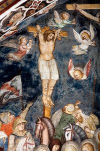 Der reuige Dieb, gekreuzigt mit Jesus, seine Seele wird von einem Engel umarmt. Darstellung des guten Diebes, auch genannt Dismas