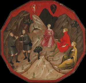 Ein Wettstreit zwischen den Hirten Alcesto und Acaten von Master of 1416