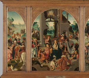 Triptychon mit Anbetung der Könige (Mitte und innere Flügel), Heiliger Antonius Abt (links, äußerer Flügel) und Heiliger Adrian (rechts, äußerer Flügel) von Master of Alkmaar (attributed to)