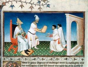 Kublai Khan gibt den Polos ihren Pass