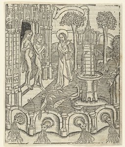 Gott zeigt Adam und Eva das Paradies