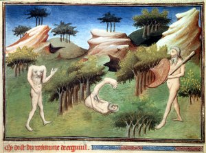 Monster aus dem Land der Merkiten, beschrieben von Marco Polo. Miniatur aus „Das Buch der Wunder“ („Devisement of the World“, „Il Milione“) von Marco Polo (1254-1324), illustriert vom Meister von Egerton