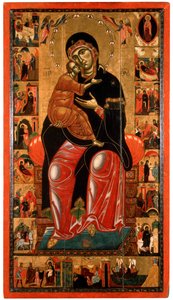 Madonna und Kind auf dem Thron mit siebzehn Szenen aus dem Leben der Jungfrau von Master of Florence