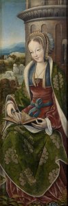 Triptychon der Heiligen Familie mit musizierenden Engeln. Rechtes Panel: Heilige Barbara von Master of Frankfurt