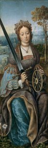 Triptychon der Heiligen Familie mit musizierenden Engeln. Linkes Panel: Heilige Katharina von Master of Frankfurt