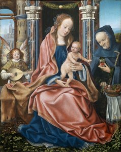 Die Heilige Familie - Triptychon der Heiligen Familie mit musizierenden Engeln (Mittelteil) von Master of Frankfurt