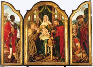 Die Heilige Familie mit Melchior, der dem Christkind Gold darbringt von Master of Frankfurt