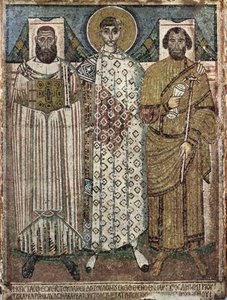Heiliger Demetrius von Thessaloniki mit den Stiftern, 6.-7. Jahrhundert von Master of Hagios Demetrios