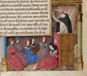 Jacques de Voragine predigend, Detail einer Miniatur aus einem Frontispiz eines Manuskripts der Goldenen Legende