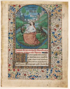 Blatt aus einem Stundenbuch: Johannes auf Patmos (1 von 2 ausgeschnittenen Blättern) von Master of Jacques de Luxembourg