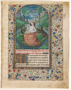 Blatt aus einem Stundenbuch: Johannes auf Patmos 1 von 2 ausgeschnittenen Blättern, ca. 1465 von Master of Jacques de Luxembourg