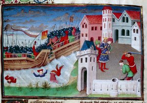 Kampfszene und Enthauptung. Illustration des Romans „Das Dekameron“ von Giovanni Boccaccio von Master of Jean Mansel