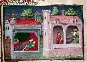 Galante Szene: Zwei Paare im Gespräch. Seite eines Manuskripts in Französisch des „Decameron“ von Giovanni Boccaccio (1313-1375), italienischer Schriftsteller, illuminiert vom Meister von Mansel. 1450. Paris, Bibliothek des Arsenal