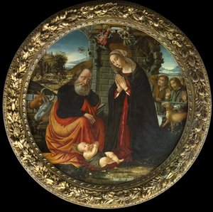 Die Geburt Christi, mit Maria und Joseph auf dem Weg nach Bethlehem, die Verkündigung an die Hirten und die Ankunft der Hirten von Master of Marradi