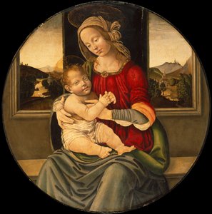 Die Madonna mit Kind, eine Landschaft dahinter