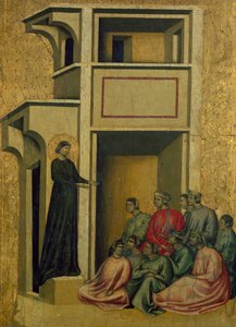 Heilige Cäcilia spricht zu einer Gruppe von Menschen von Master of Saint Cecilia