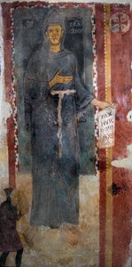 Darstellung des Heiligen Franz von Assisi. Sicherlich die erste Darstellung des Heiligen, ausgeführt zu Lebzeiten, ohne Stigmata und ohne Heiligenschein. Er hält ein Papier mit der Aufschrift "Pax huic Domui" (Friede diesem Haus) von Master of Saint Francis of Assisi