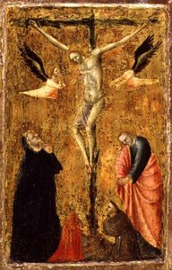 Die Kreuzigung mit der Jungfrau und den Heiligen Johannes dem Evangelisten, Franz von Assisi und Maria Magdalena, um 1345 von Master of Verrucchio