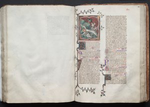 Das Gotha Missale: Fol. 103r, St. Andreas wird an das Kreuz gebunden, ca. 1375 von Master of the Boqueteaux