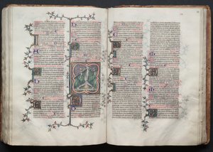 Das Gotha Missale: Fol. 117v, St. Peter kopfüber ans Kreuz gebunden, ca. 1375 von Master of the Boqueteaux