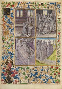 Kaiser Konstantin betet in einer Kirche; Sophia von bösen Geistern geplagt; Durch einen Traum befiehlt Gott Konstantin, die Überreste von Antonius zu finden; Bischof Theophile auf dem Weg nach Ägypten