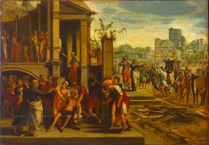 Heilige Paulus und Barnabas in Lystra, erste Hälfte des 16. Jahrhunderts von Master of the Budapest Saints Paul