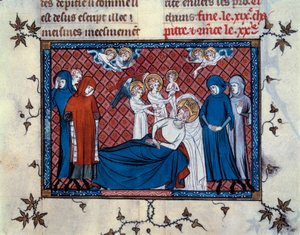 Tod des Heiligen Ludwig in Tunis am 25. August 1270. Miniatur aus dem Manuskript „Leben und Wunder des Heiligen Ludwig“ (Seite 277), illuminiert von Mahiet und geschrieben von Wilhelm von Saint-Pathus