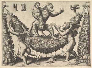 Ein Affe hält einen gefesselten Putto, der auf einem Kranz steht, vor dem zwei geflügelte P..., 1530-60 von Master of the Die