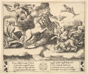 Apollo in seinem von Pferden gezogenen Wagen links, über ihm Jupiter, der einen Donnerkeil schleudert von Master of the Die