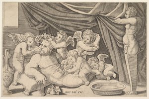 Bacchus umgeben von Putti, eine Statue des Priapus rechts, 1530-60