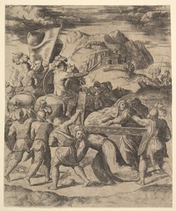 Christus trägt das Kreuz, umgeben von Soldaten, einige zu Pferd, 1530-60 von Master of the Die