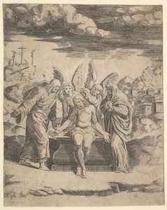 Christus sitzt auf dem Grab, unterstützt von Engeln