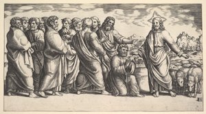 Christus steht links und zeigt auf eine Schafherde, vor ihm kniet St. Peter von Master of the Die