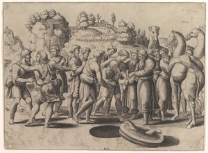 Joseph in der Mitte, von seinen Brüdern über einem Brunnen verkauft, Kamele rechts von Master of the Die
